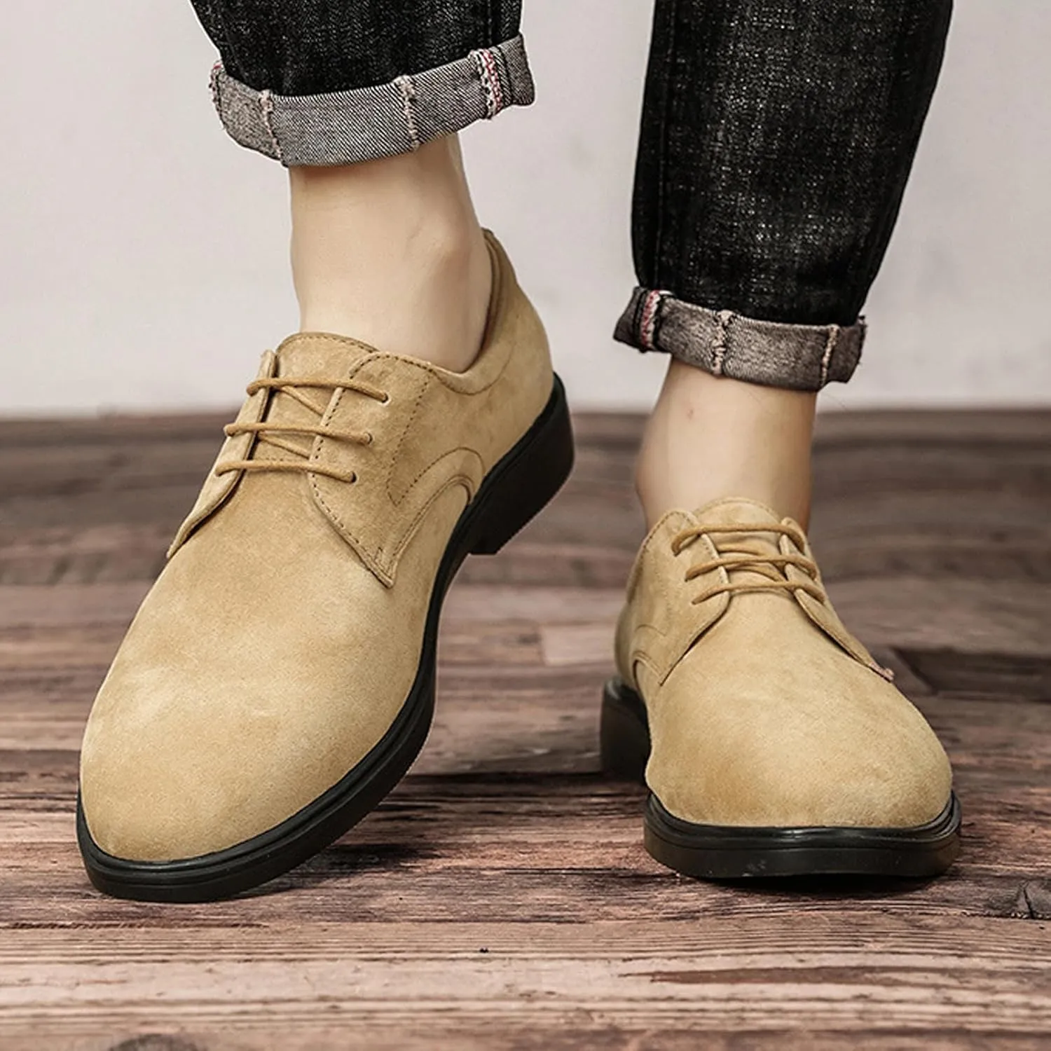 Men's Suede Low Heel Lace-Up Classic Oxford Shoes Retro Round Toe Comfortable Non-Slip Business Work Driving Formal Derby Shoes