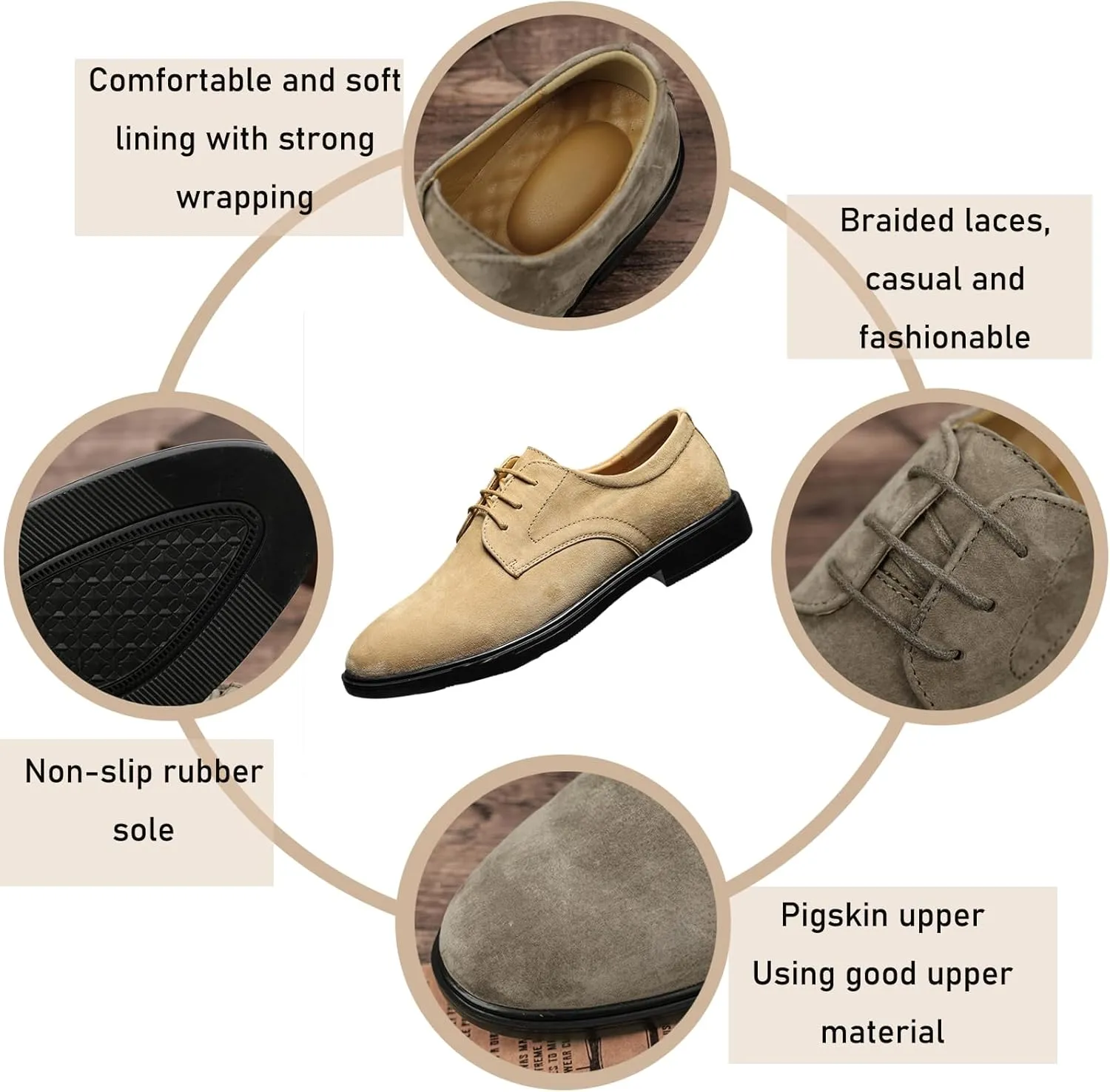 Men's Suede Low Heel Lace-Up Classic Oxford Shoes Retro Round Toe Comfortable Non-Slip Business Work Driving Formal Derby Shoes