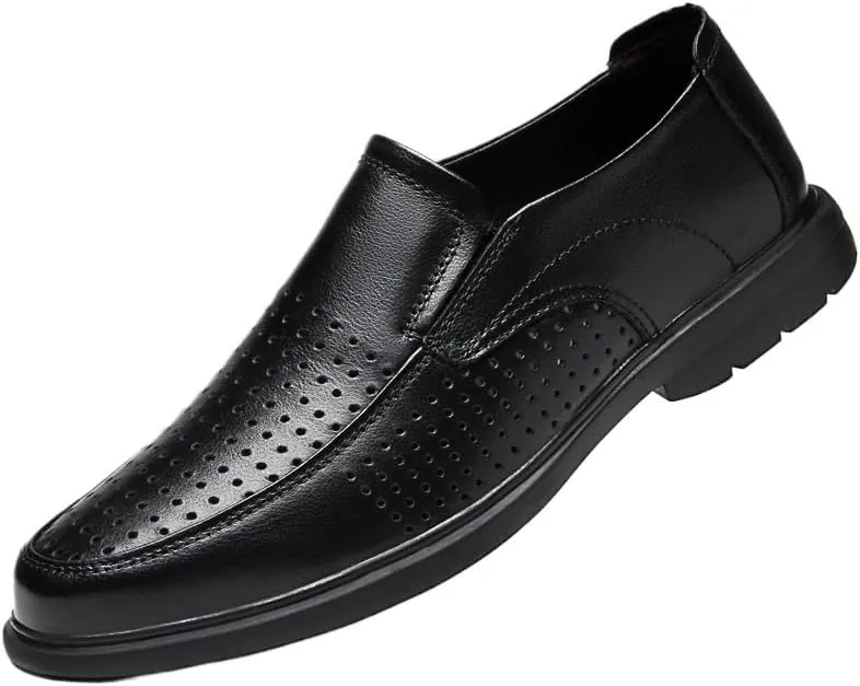 Mens Summer Breathable Slip-On Loafers Men's Fashion Classic Pointed Toe Low Top Leather Dress Shoes