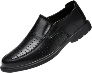 Mens Summer Breathable Slip-On Loafers Men's Fashion Classic Pointed Toe Low Top Leather Dress Shoes