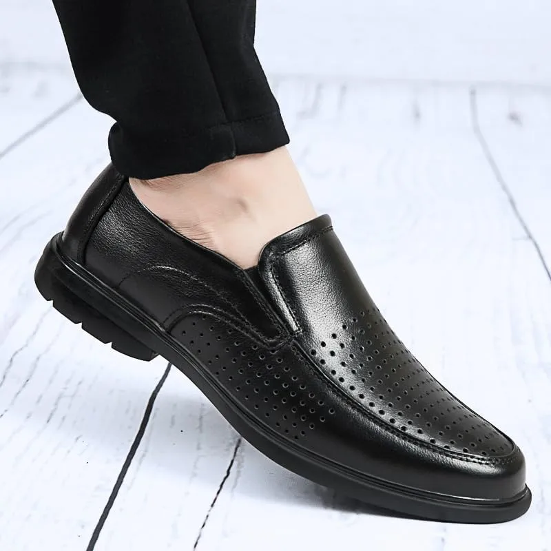 Mens Summer Breathable Slip-On Loafers Men's Fashion Classic Pointed Toe Low Top Leather Dress Shoes