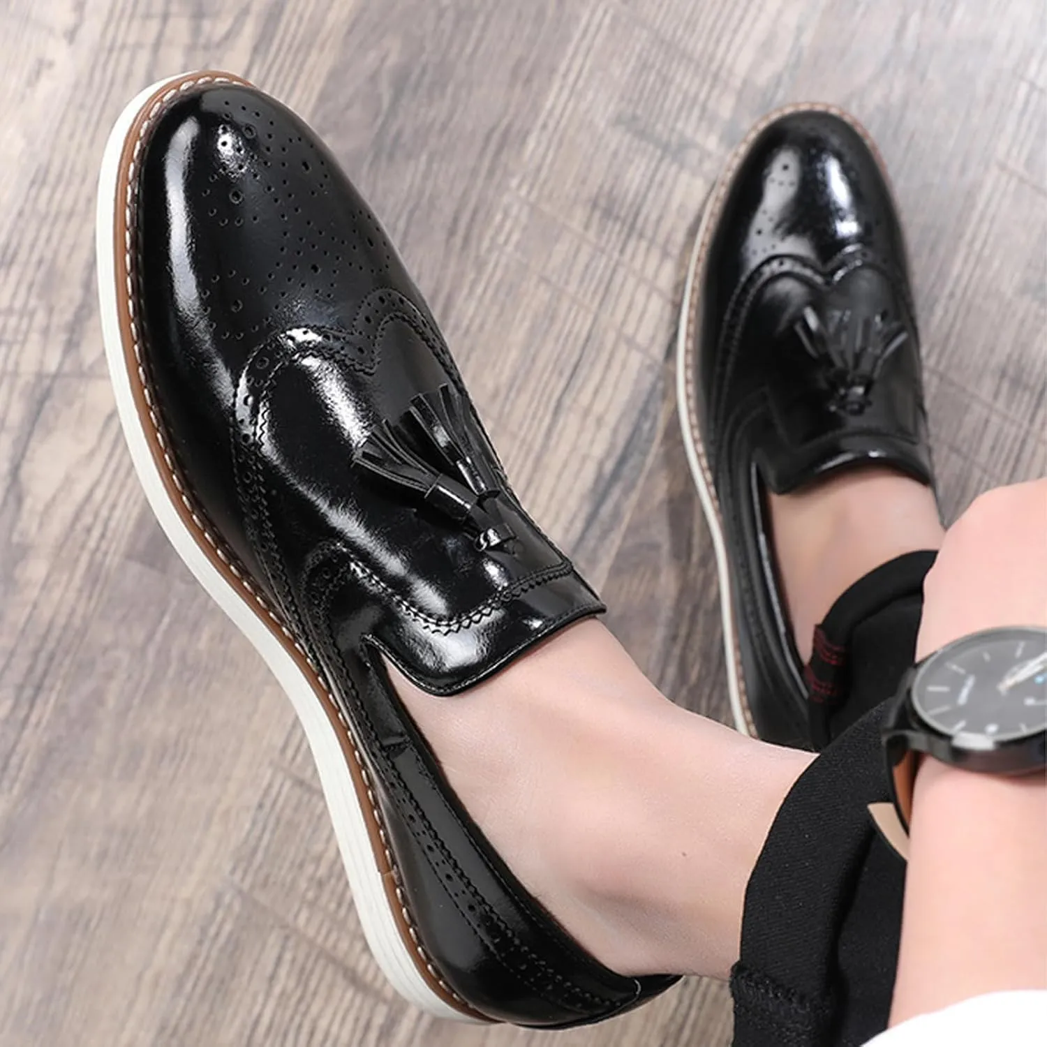 Men's Tassel Brogue Leather Dress Loafers,Fashion Hand Stitching Wingtip Slip On Breathable Comfortable Party Business Formal Shoes