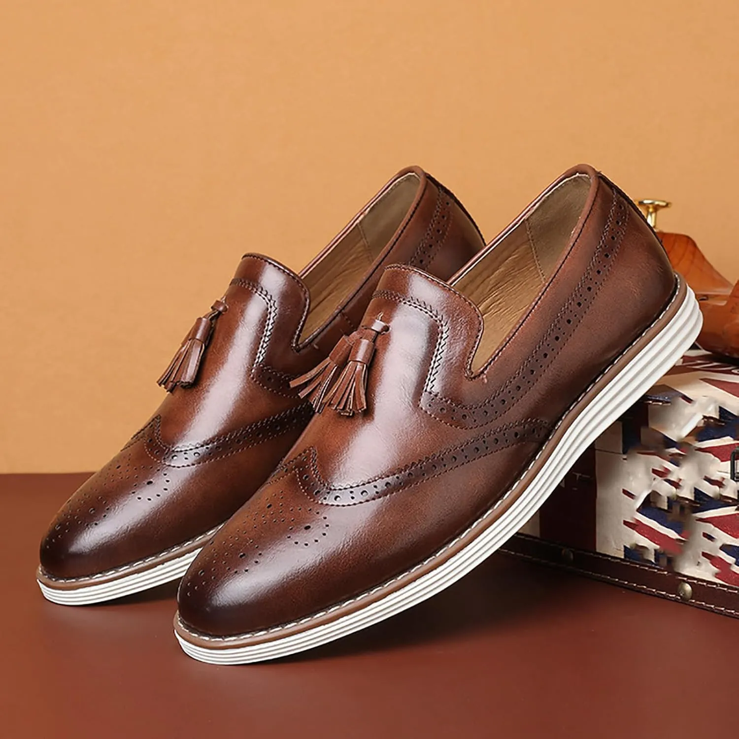 Men's Tassel Brogue Leather Dress Loafers,Fashion Hand Stitching Wingtip Slip On Breathable Comfortable Party Business Formal Shoes