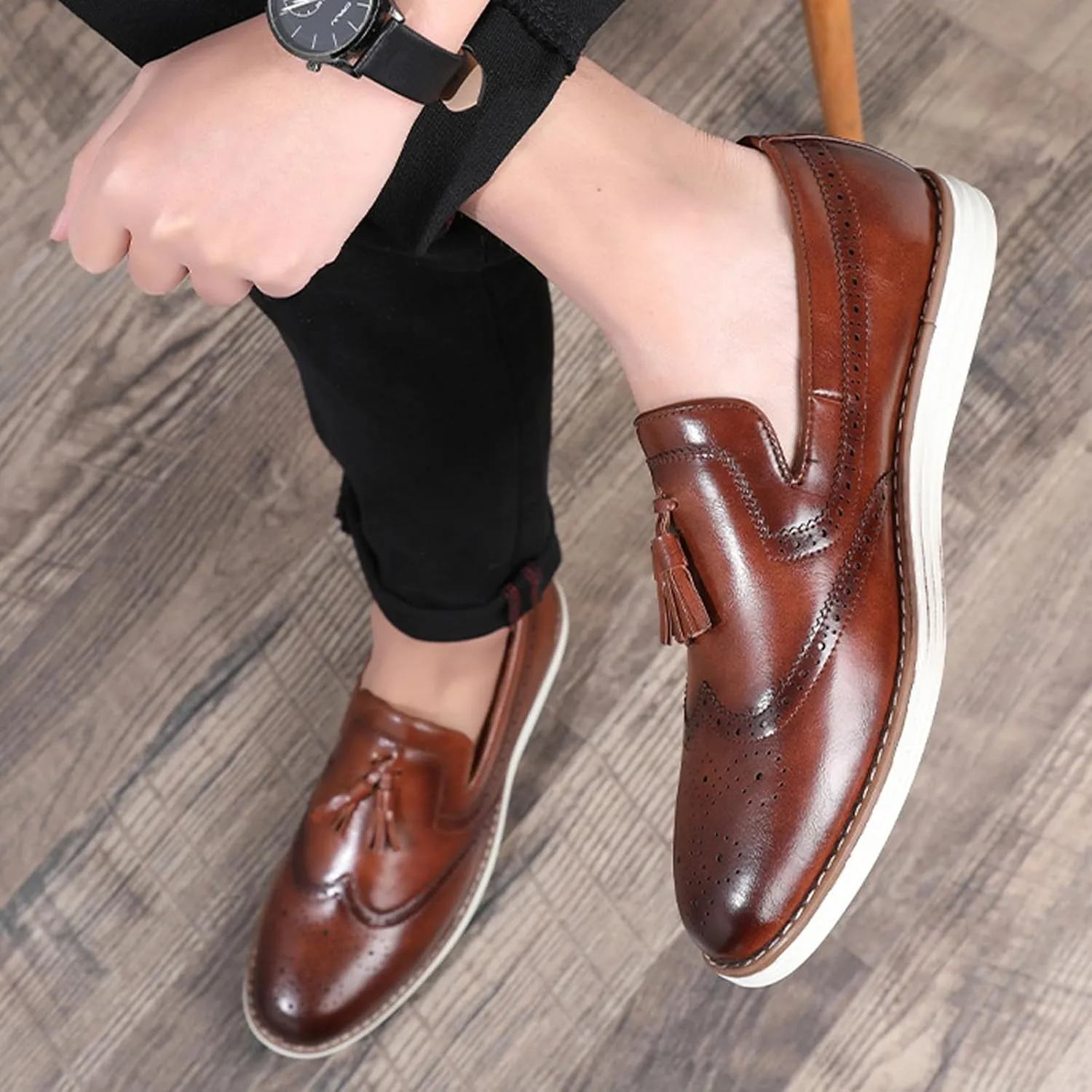 Men's Tassel Brogue Leather Dress Loafers,Fashion Hand Stitching Wingtip Slip On Breathable Comfortable Party Business Formal Shoes