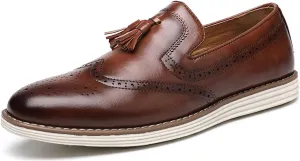 Men's Tassel Brogue Leather Dress Loafers,Fashion Hand Stitching Wingtip Slip On Breathable Comfortable Party Business Formal Shoes