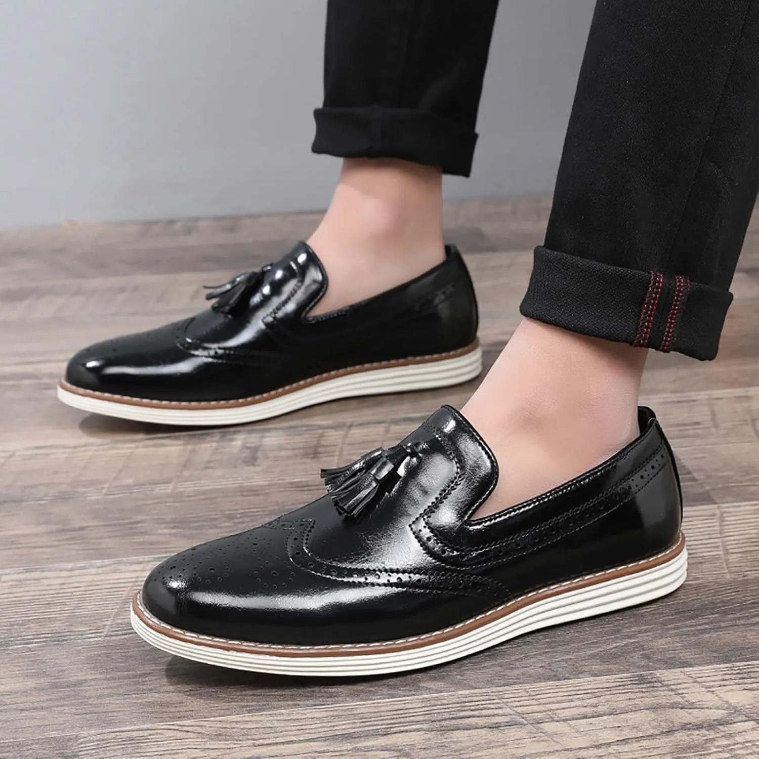Men's Tassel Brogue Leather Dress Loafers,Fashion Hand Stitching Wingtip Slip On Breathable Comfortable Party Business Formal Shoes