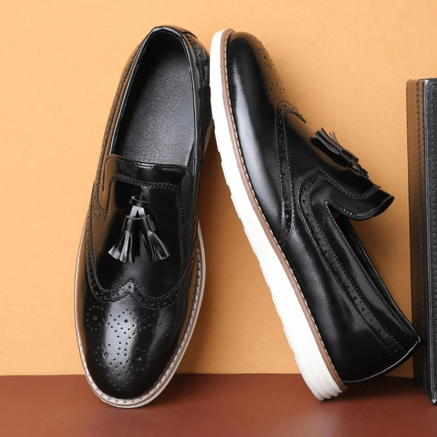 Men's Tassel Brogue Leather Dress Loafers,Fashion Hand Stitching Wingtip Slip On Breathable Comfortable Party Business Formal Shoes