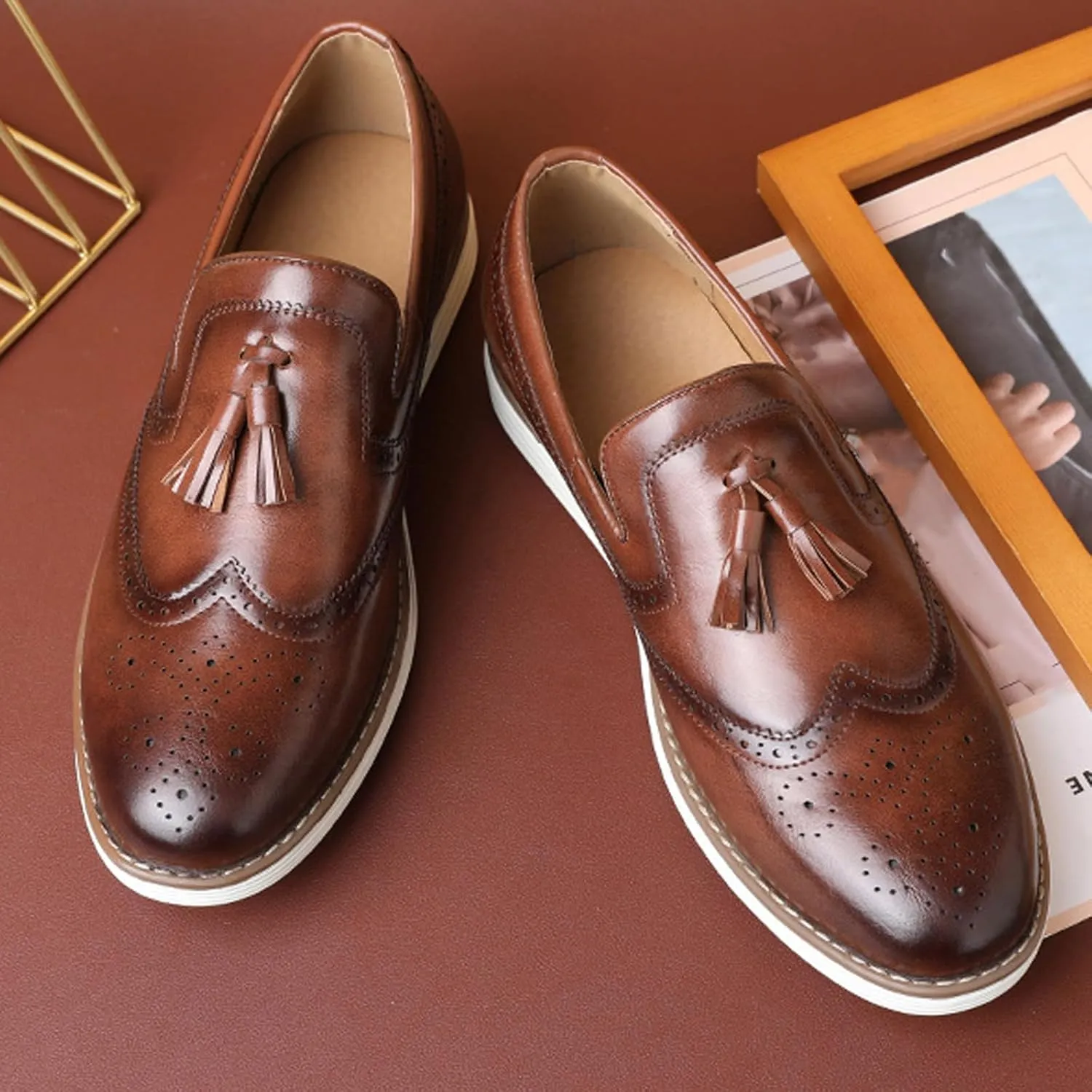 Men's Tassel Brogue Leather Dress Loafers,Fashion Hand Stitching Wingtip Slip On Breathable Comfortable Party Business Formal Shoes