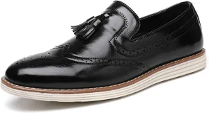 Men's Tassel Brogue Leather Dress Loafers,Fashion Hand Stitching Wingtip Slip On Breathable Comfortable Party Business Formal Shoes