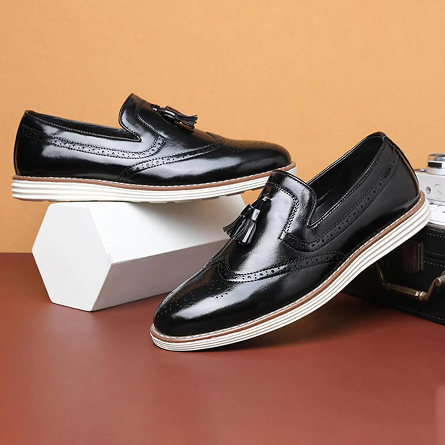 Men's Tassel Brogue Leather Dress Loafers,Fashion Hand Stitching Wingtip Slip On Breathable Comfortable Party Business Formal Shoes