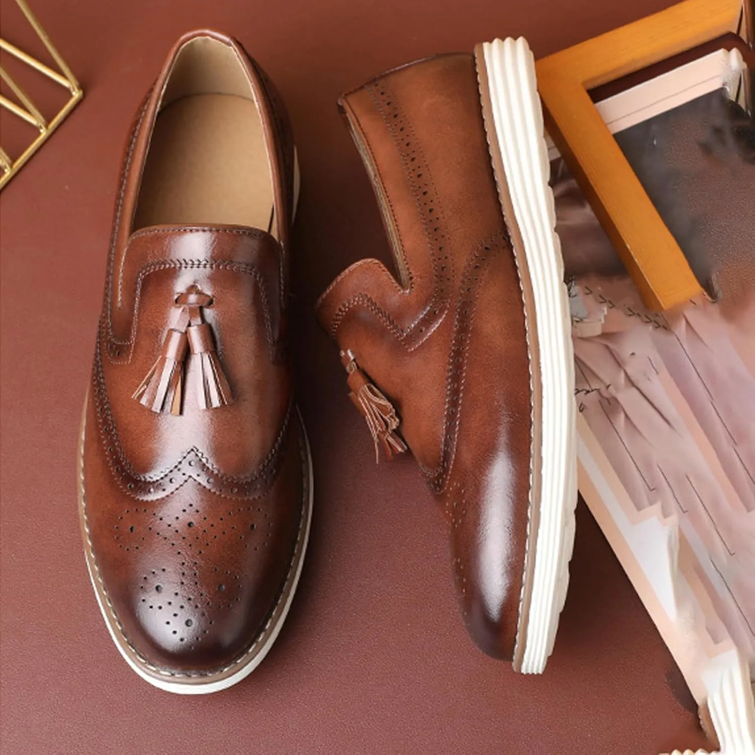 Men's Tassel Brogue Leather Dress Loafers,Fashion Hand Stitching Wingtip Slip On Breathable Comfortable Party Business Formal Shoes