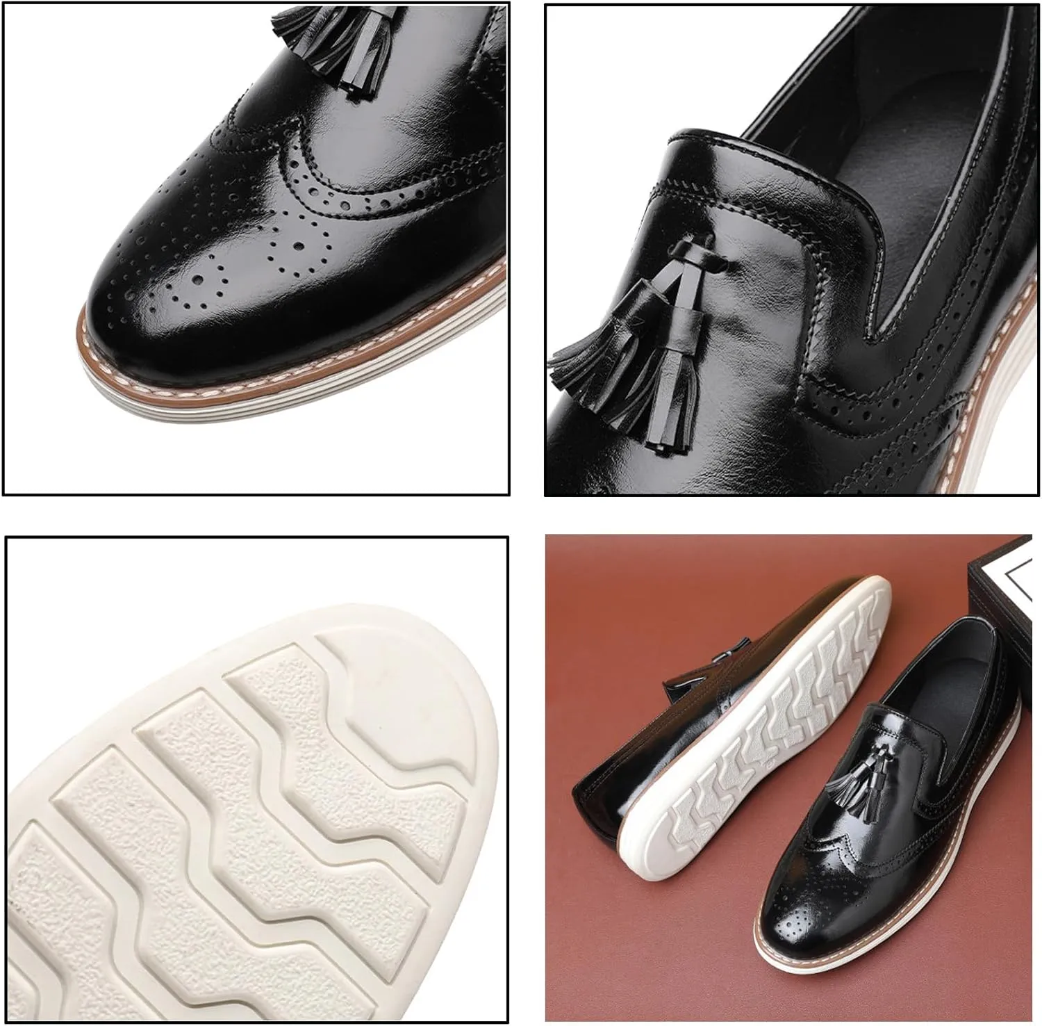 Men's Tassel Brogue Leather Dress Loafers,Fashion Hand Stitching Wingtip Slip On Breathable Comfortable Party Business Formal Shoes