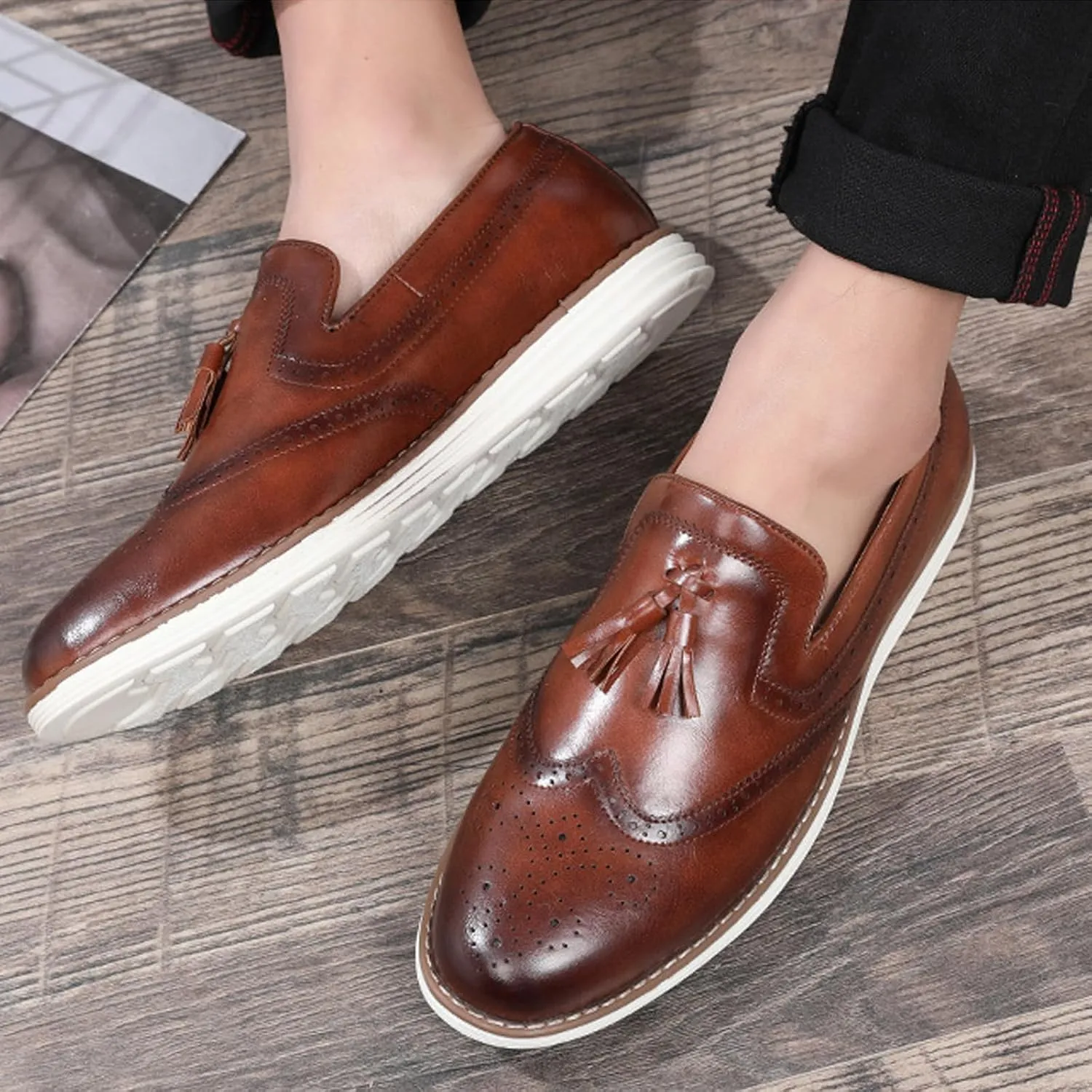 Men's Tassel Brogue Leather Dress Loafers,Fashion Hand Stitching Wingtip Slip On Breathable Comfortable Party Business Formal Shoes