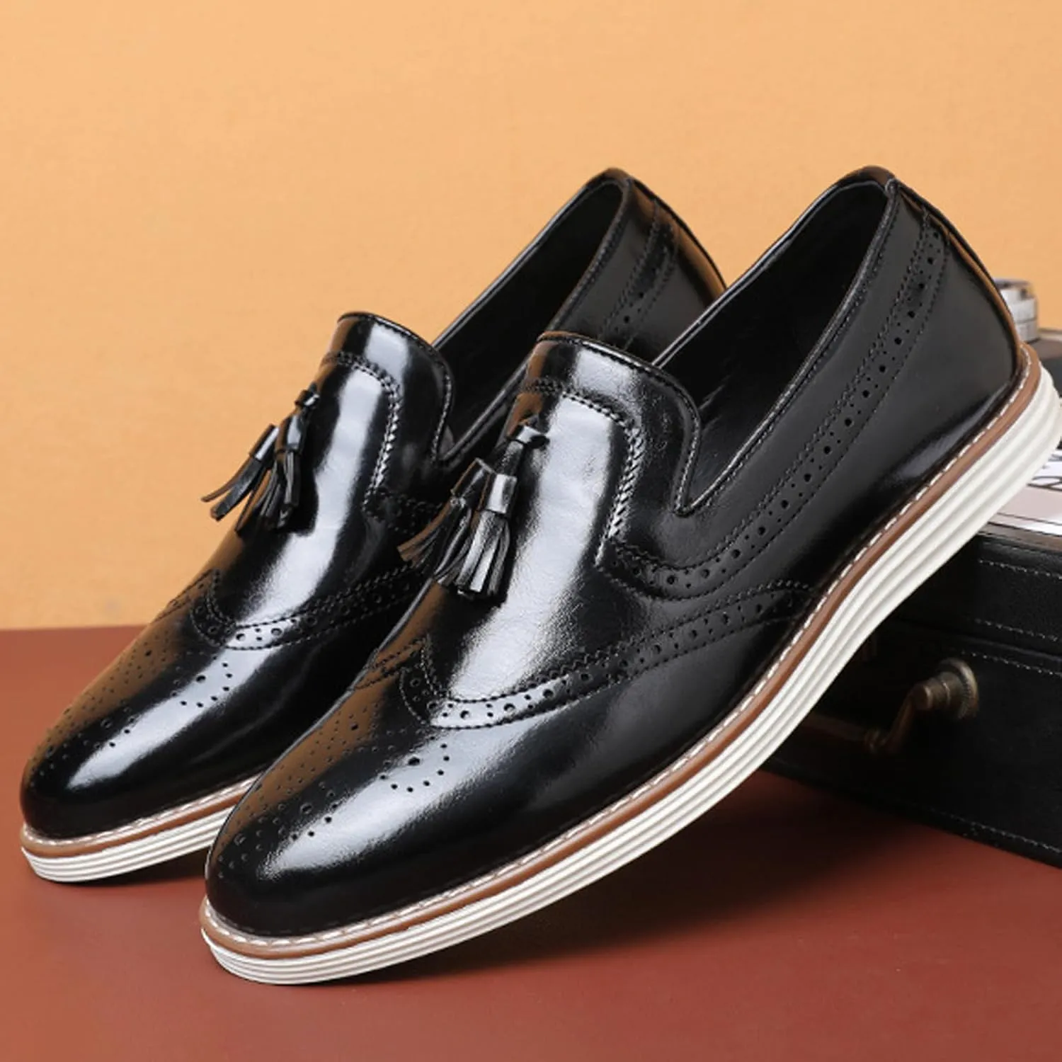 Men's Tassel Brogue Leather Dress Loafers,Fashion Hand Stitching Wingtip Slip On Breathable Comfortable Party Business Formal Shoes