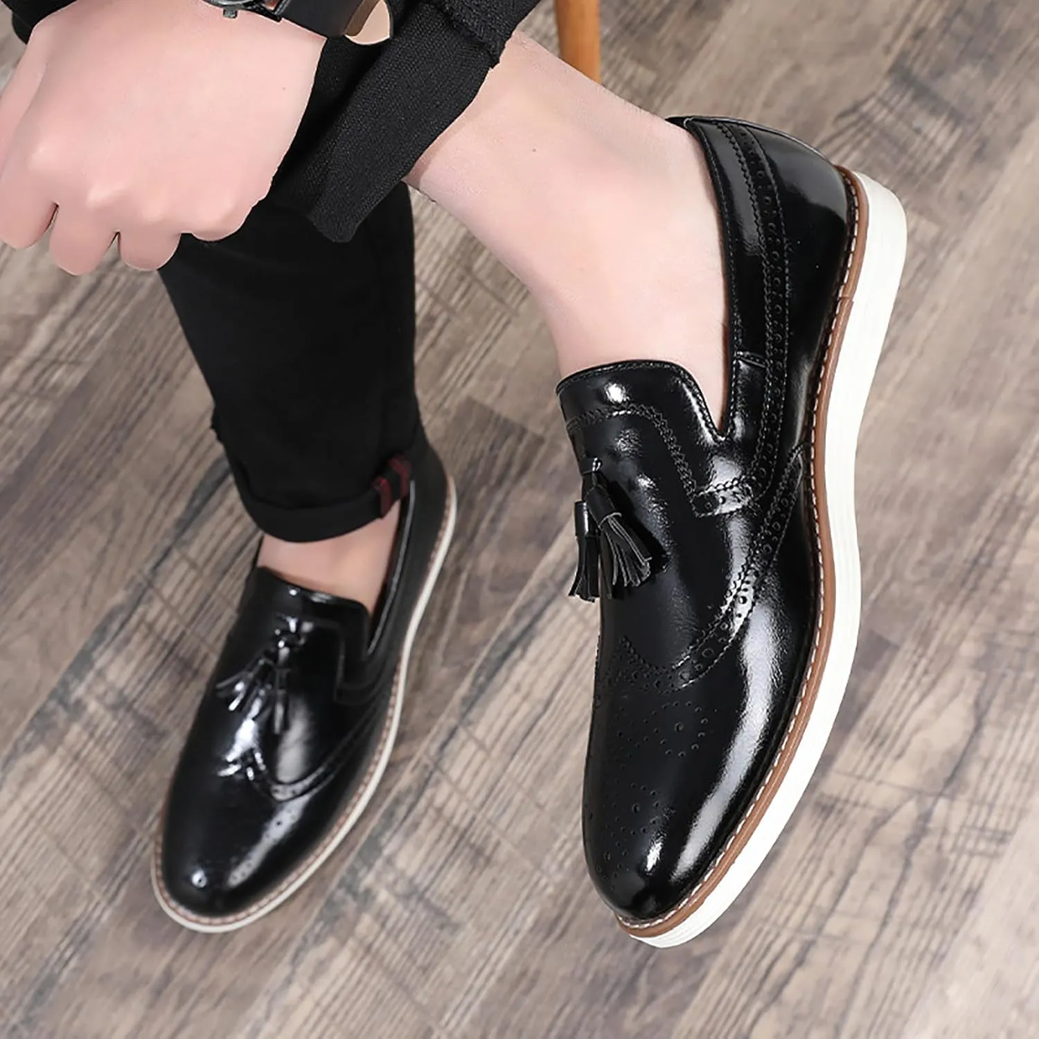 Men's Tassel Brogue Leather Dress Loafers,Fashion Hand Stitching Wingtip Slip On Breathable Comfortable Party Business Formal Shoes