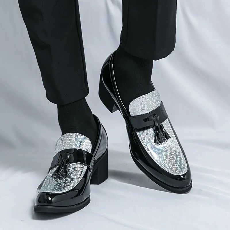 Men's Tassel Dress Shoes, Slip-On Vintage Leather Brogue Oxford Shoes, Pointed Toe Fashion High Heels for Men