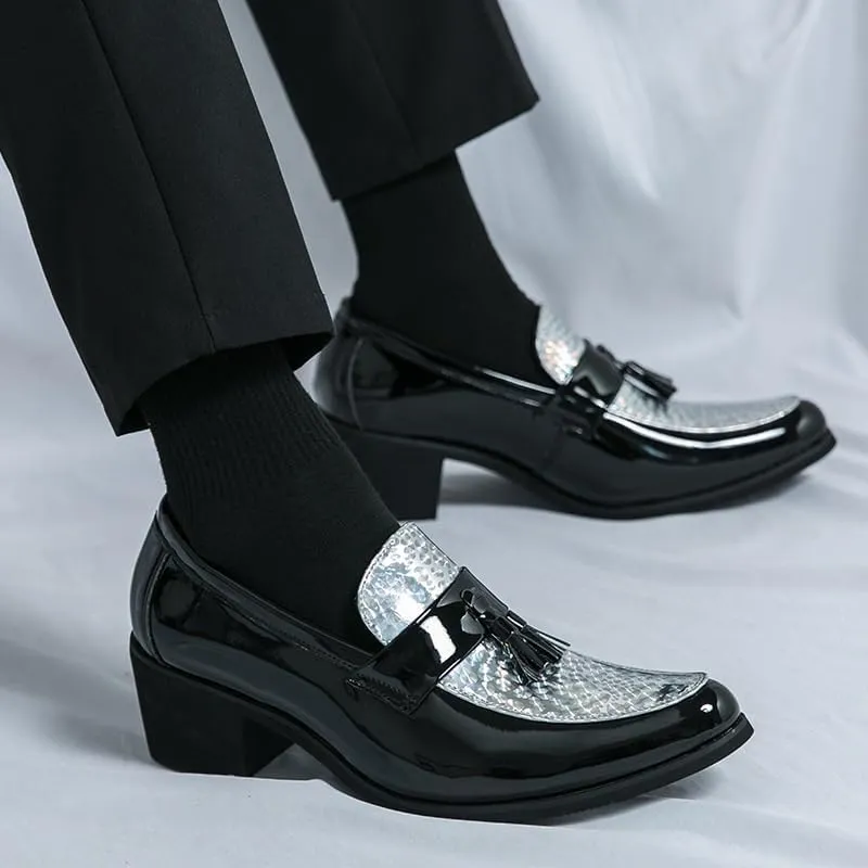 Men's Tassel Dress Shoes, Slip-On Vintage Leather Brogue Oxford Shoes, Pointed Toe Fashion High Heels for Men