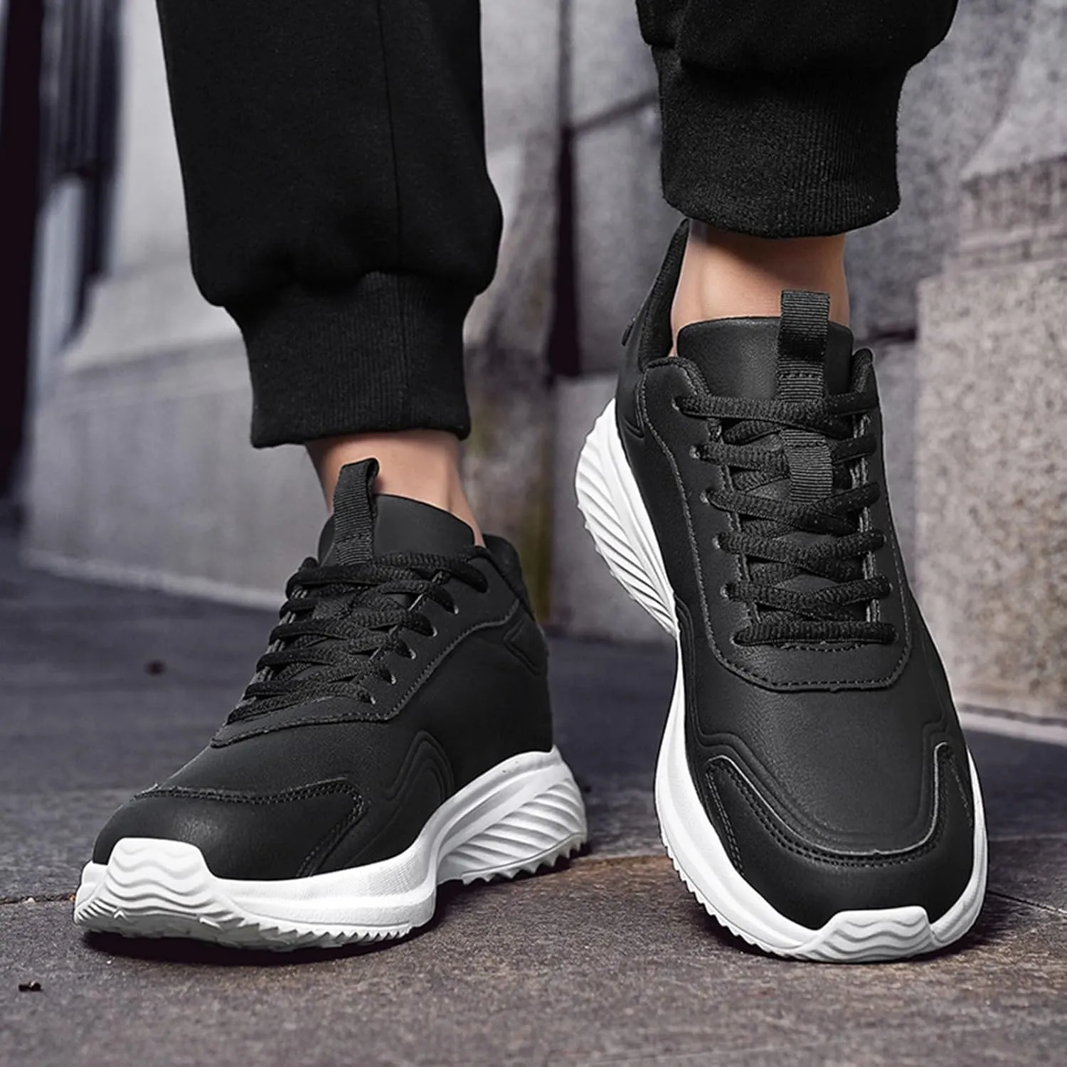Men's Waterproof Leather Shock Absorbing Running Shoes Classic Round Toe Lace Up Outdoor Casual Walking Shoes Lightweight Non-Slip Comfortable Hiking Sneakers