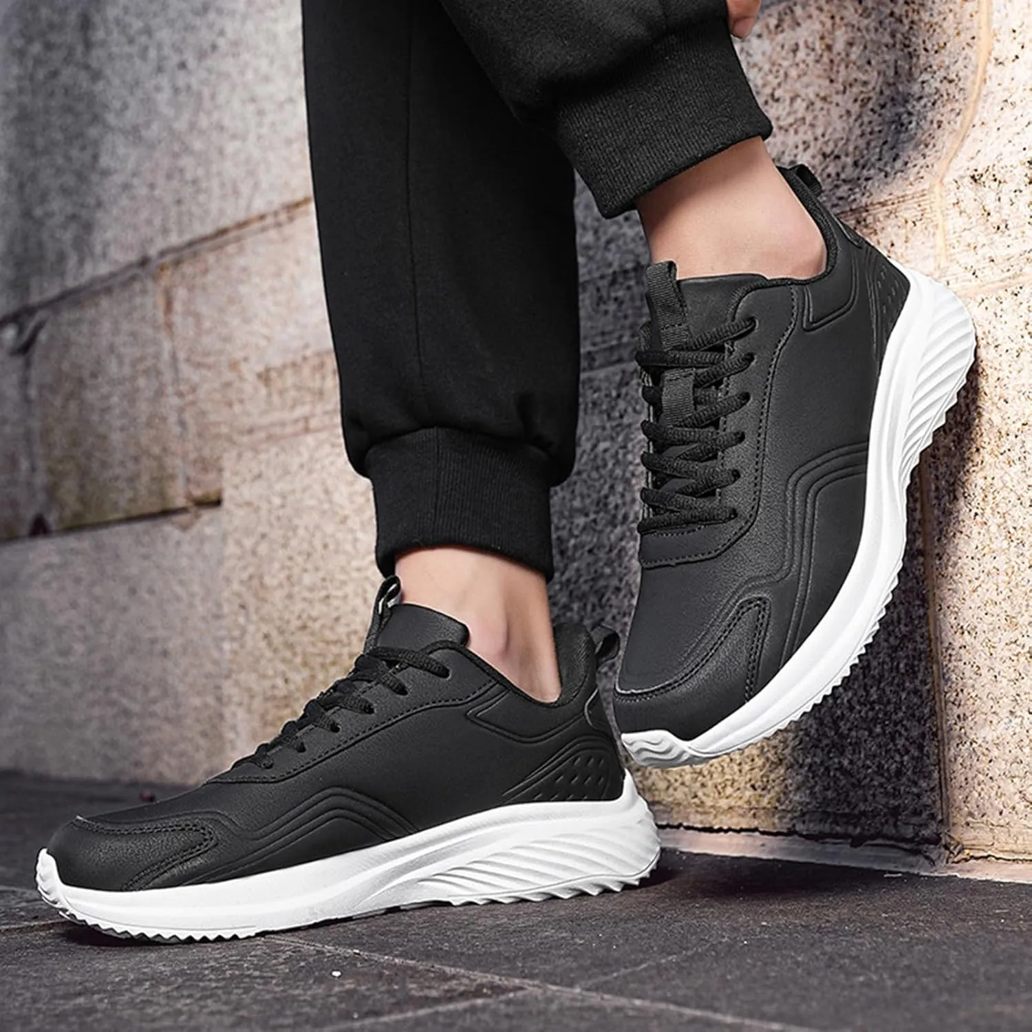 Men's Waterproof Leather Shock Absorbing Running Shoes Classic Round Toe Lace Up Outdoor Casual Walking Shoes Lightweight Non-Slip Comfortable Hiking Sneakers