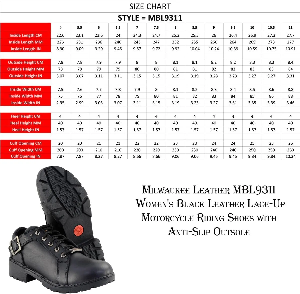Milwaukee Leather MBL9311 Women's Black Leather Lace-Up Motorcycle Riding Shoes with Anti-Slip Outsole - 9.5