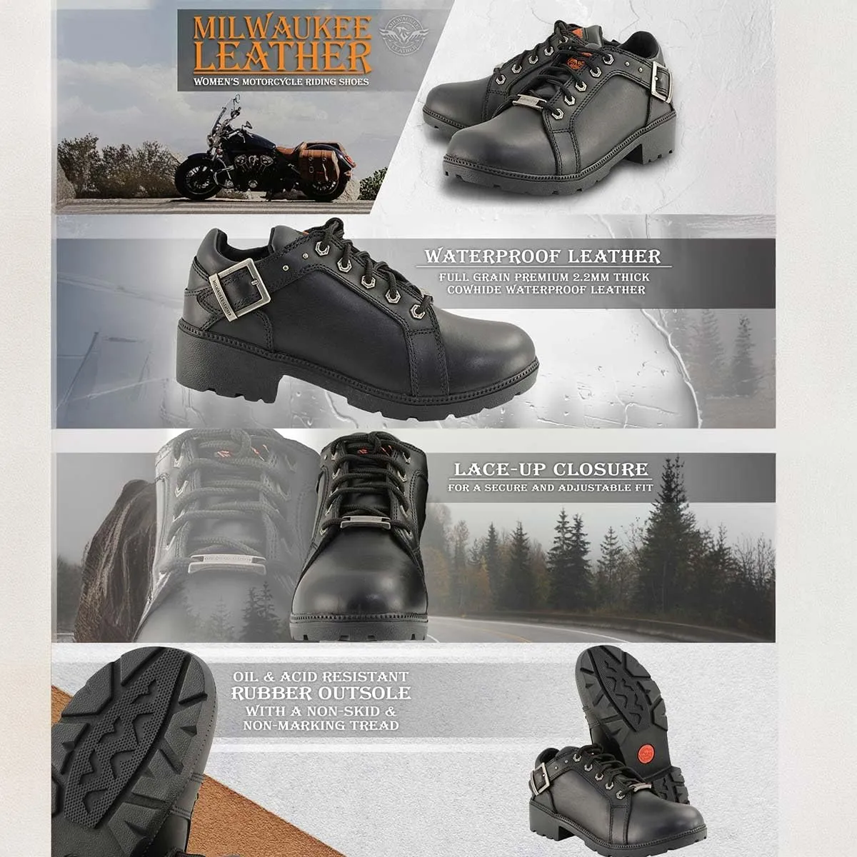 Milwaukee Leather MBL9311 Women's Black Leather Lace-Up Motorcycle Riding Shoes with Anti-Slip Outsole - 9.5