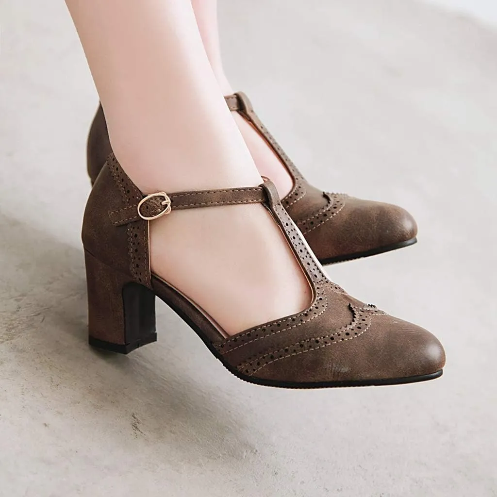 MIOKE Women's Retro T-Strap Mary Jane Pumps Round Toe Perforated Block Heel Vintage Brogue Oxford Shoes