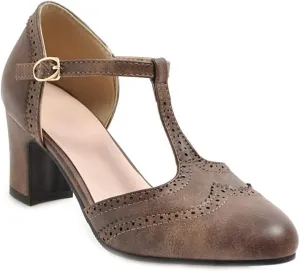 MIOKE Women's Retro T-Strap Mary Jane Pumps Round Toe Perforated Block Heel Vintage Brogue Oxford Shoes