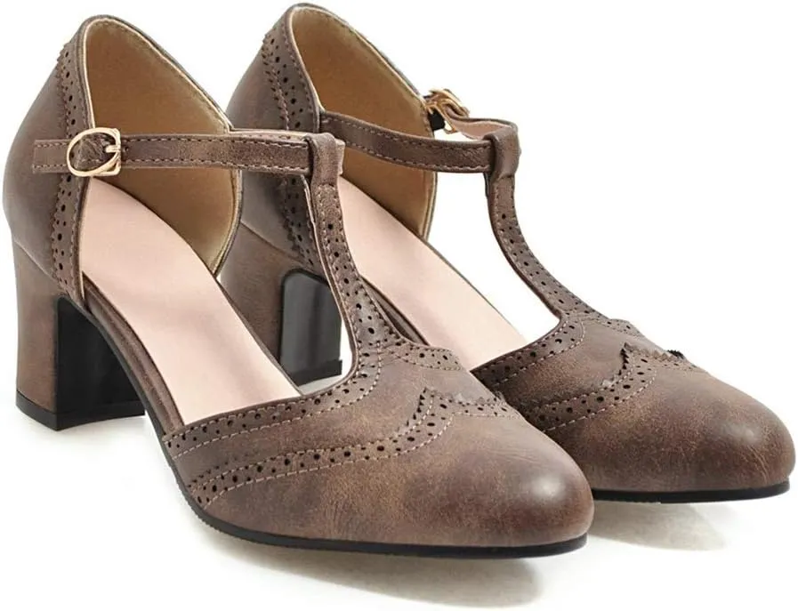 MIOKE Women's Retro T-Strap Mary Jane Pumps Round Toe Perforated Block Heel Vintage Brogue Oxford Shoes
