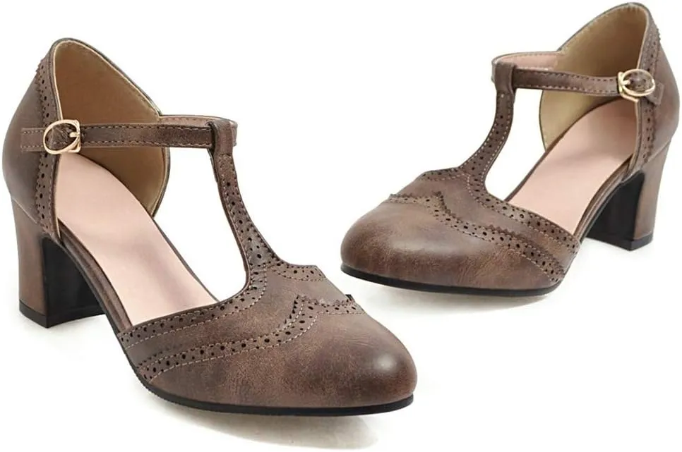MIOKE Women's Retro T-Strap Mary Jane Pumps Round Toe Perforated Block Heel Vintage Brogue Oxford Shoes
