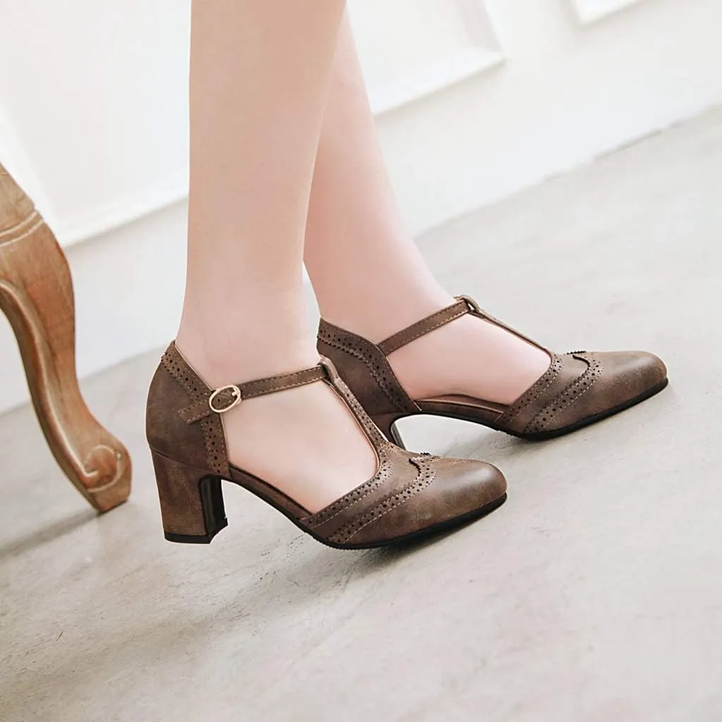 MIOKE Women's Retro T-Strap Mary Jane Pumps Round Toe Perforated Block Heel Vintage Brogue Oxford Shoes