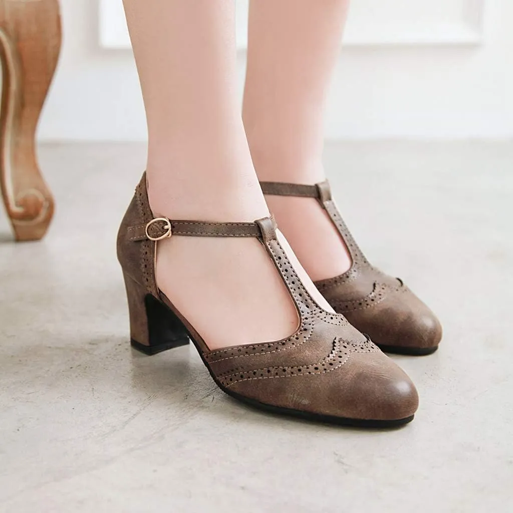 MIOKE Women's Retro T-Strap Mary Jane Pumps Round Toe Perforated Block Heel Vintage Brogue Oxford Shoes