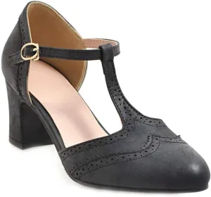 MIOKE Women's Retro T-Strap Mary Jane Pumps Round Toe Perforated Block Heel Vintage Brogue Oxford Shoes