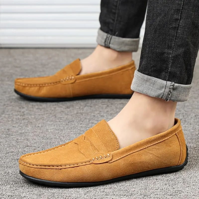 New Mens Loafers Shoe Apron Toe Suede Vamp Solid Color Penny Loafer Shoe Slip Resistant Flat Heel Flexible Classic Slip-ons