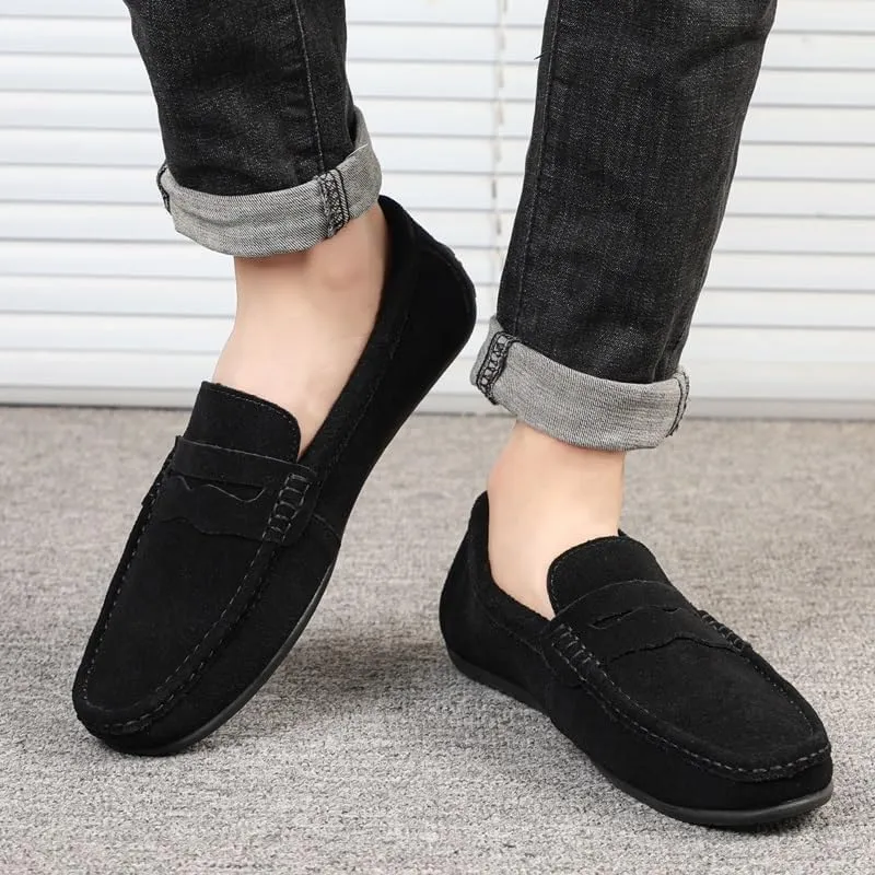 New Mens Loafers Shoe Apron Toe Suede Vamp Solid Color Penny Loafer Shoe Slip Resistant Flat Heel Flexible Classic Slip-ons