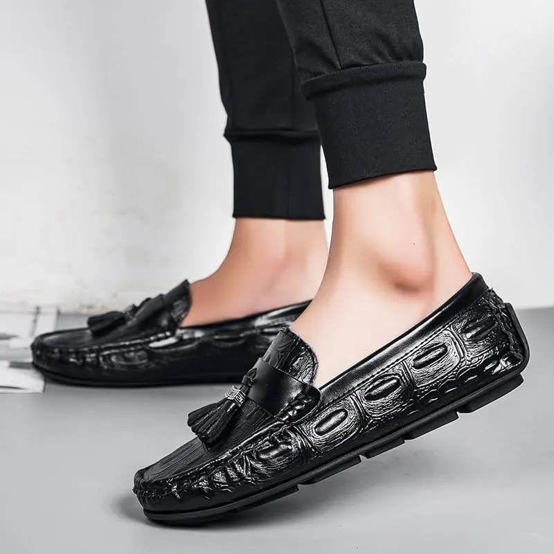 New Mens Loafers Square Toe Crocodile Print with Tassel Driving Loafers PU Leather Lightweight Anti-Slip Slip Resistant Classic Slip-ons