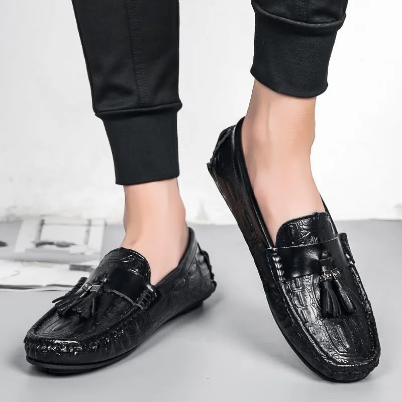 New Mens Loafers Square Toe Crocodile Print with Tassel Driving Loafers PU Leather Lightweight Anti-Slip Slip Resistant Classic Slip-ons