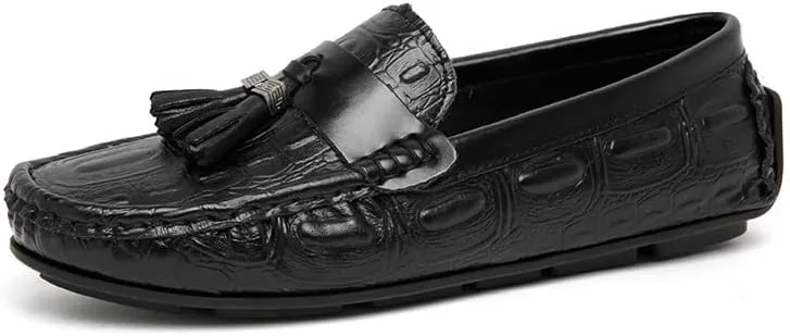 New Mens Loafers Square Toe Crocodile Print with Tassel Driving Loafers PU Leather Lightweight Anti-Slip Slip Resistant Classic Slip-ons