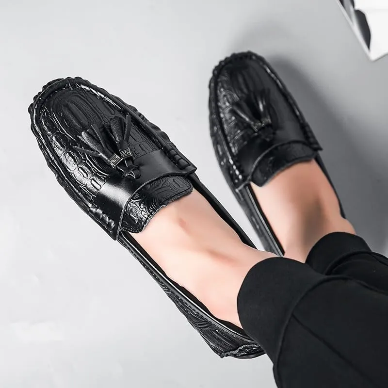New Mens Loafers Square Toe Crocodile Print with Tassel Driving Loafers PU Leather Lightweight Anti-Slip Slip Resistant Classic Slip-ons