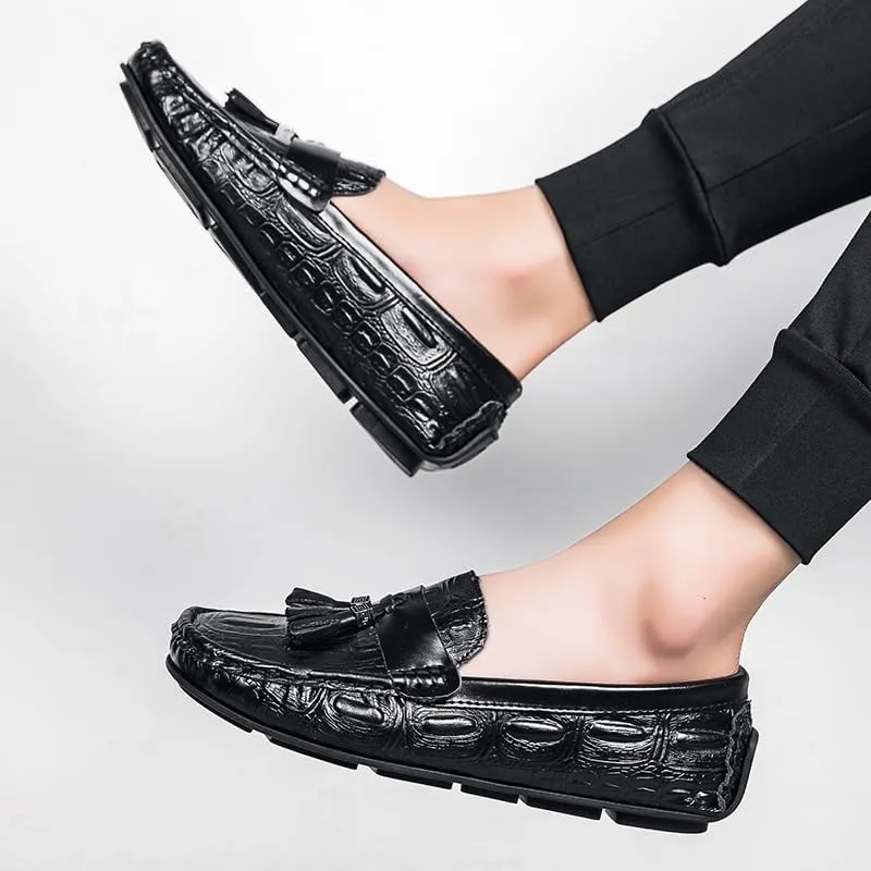 New Mens Loafers Square Toe Crocodile Print with Tassel Driving Loafers PU Leather Lightweight Anti-Slip Slip Resistant Classic Slip-ons