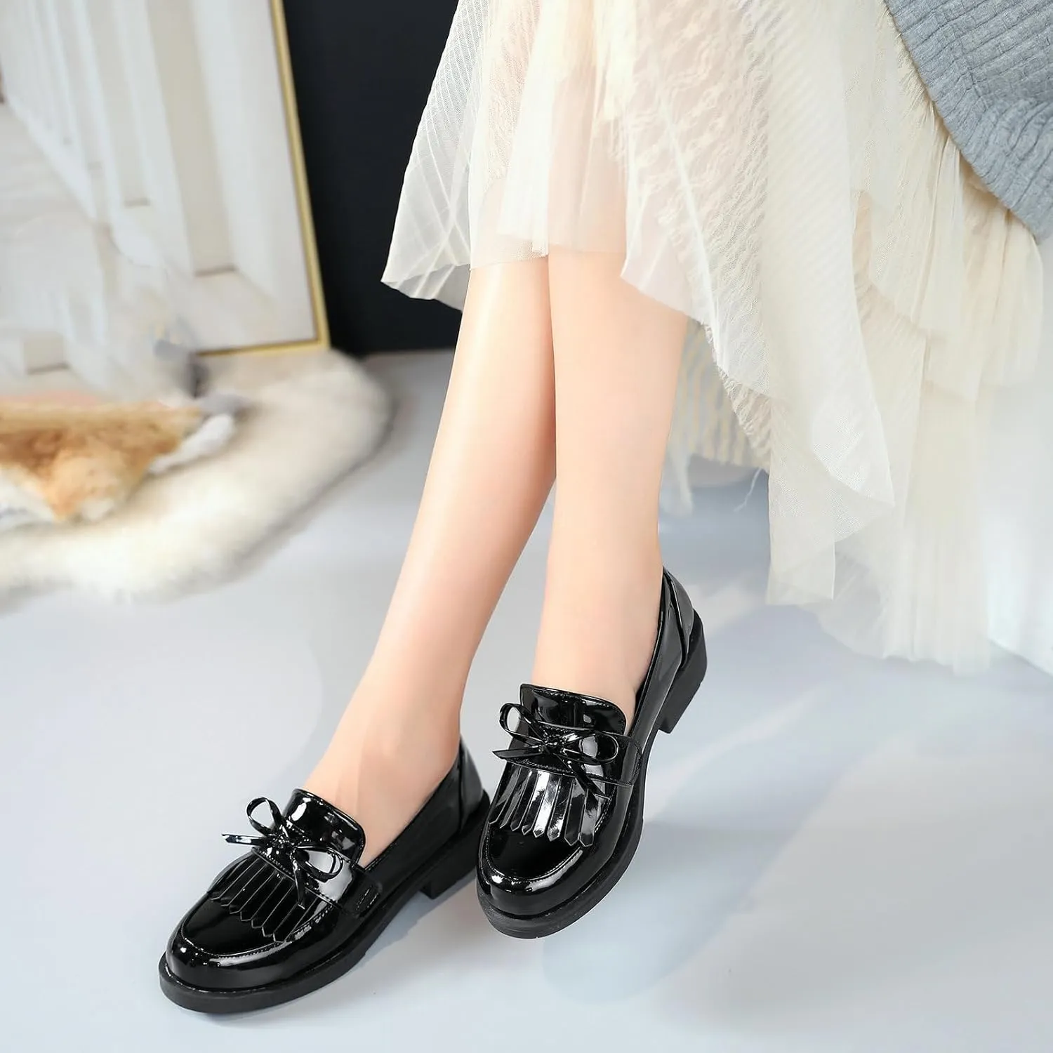 Parisuit Women's Patent Leather Loafers Flat Low Heel Slip On Pumps Round Toe Fashion Dress Uniform Work Shoes