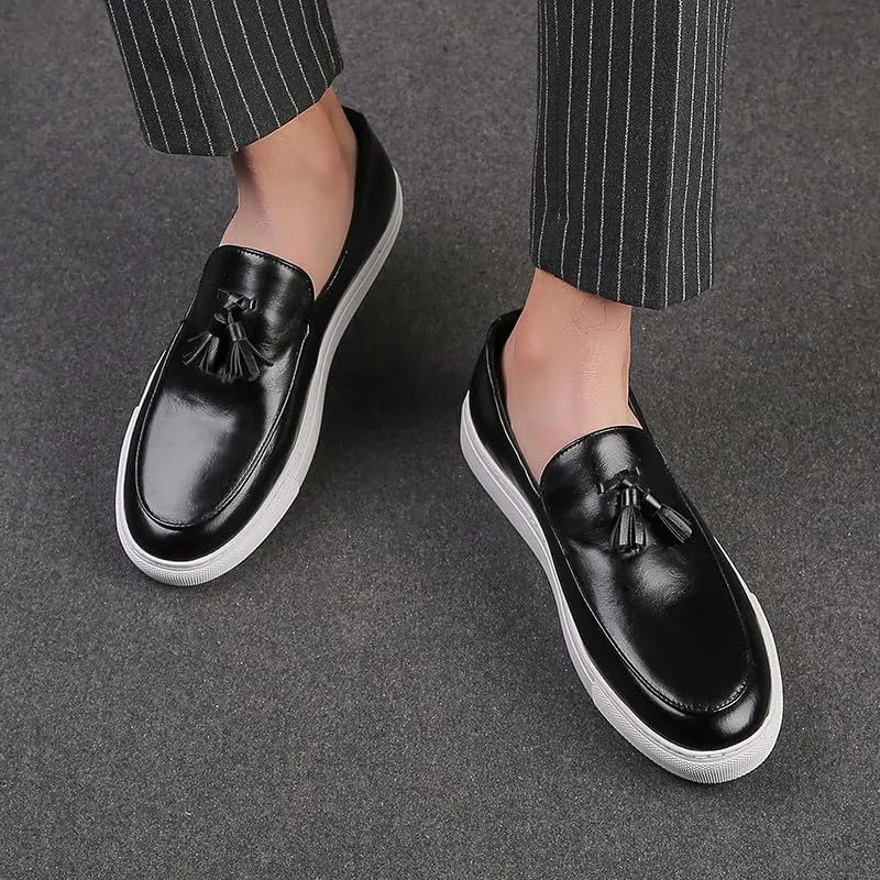 Santimon Men’s Tassel Loafers Casual Leather Slip-On Sneakers Flat Comfortable Fashion Shoes for Work, Weekend, Travel, Black/Brown