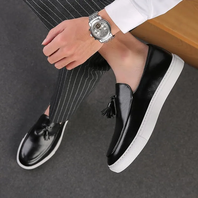 Santimon Men’s Tassel Loafers Casual Leather Slip-On Sneakers Flat Comfortable Fashion Shoes for Work, Weekend, Travel, Black/Brown