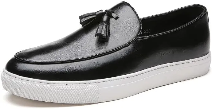 Santimon Men’s Tassel Loafers Casual Leather Slip-On Sneakers Flat Comfortable Fashion Shoes for Work, Weekend, Travel, Black/Brown