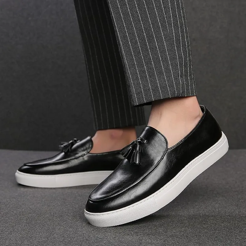 Santimon Men’s Tassel Loafers Casual Leather Slip-On Sneakers Flat Comfortable Fashion Shoes for Work, Weekend, Travel, Black/Brown