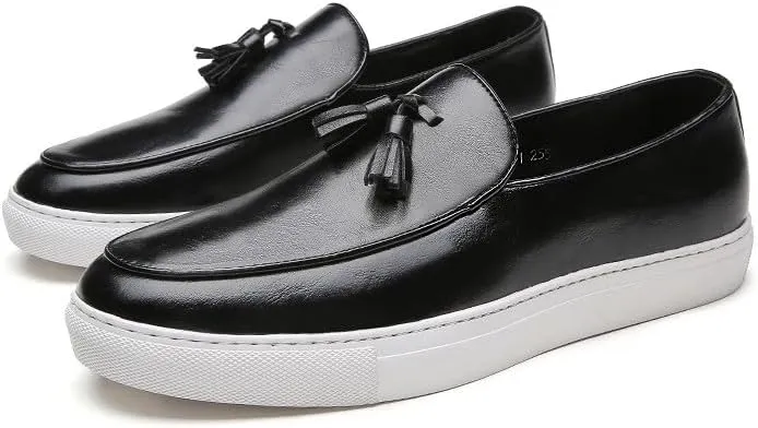 Santimon Men’s Tassel Loafers Casual Leather Slip-On Sneakers Flat Comfortable Fashion Shoes for Work, Weekend, Travel, Black/Brown