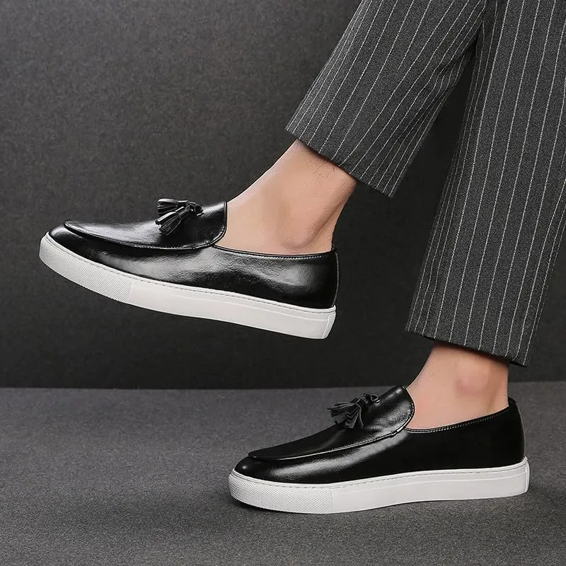 Santimon Men’s Tassel Loafers Casual Leather Slip-On Sneakers Flat Comfortable Fashion Shoes for Work, Weekend, Travel, Black/Brown