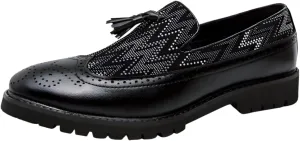 Santimon Men's Wingtip Brogue Tassel Loafers, Rhinestone Studded Comfortable Slip On Lug Sole Leather Casual Work Shoes
