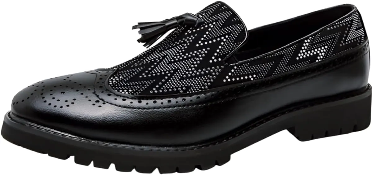 Santimon Men's Wingtip Brogue Tassel Loafers, Rhinestone Studded Comfortable Slip On Lug Sole Leather Casual Work Shoes