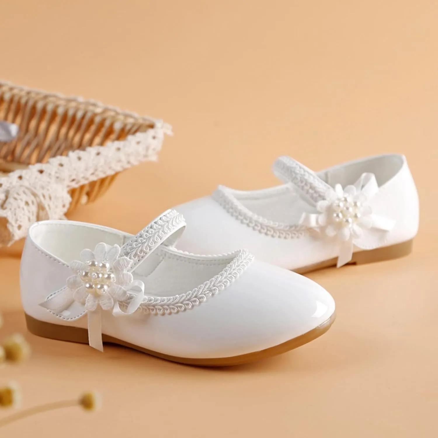 Toddler Girls Dress Shoes Mary Jane Ballet Flats Flower Girl School Party Wedding Shoes with Flower