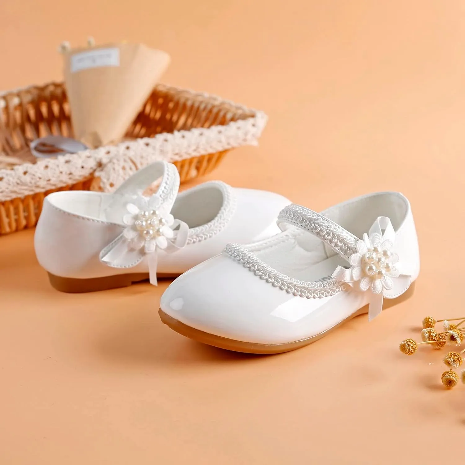 Toddler Girls Dress Shoes Mary Jane Ballet Flats Flower Girl School Party Wedding Shoes with Flower
